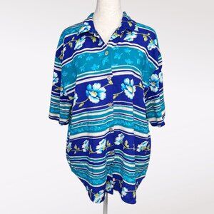 Kathie Lee 90s Rayon Floral Stripe Button Shirt Blue Green Short Sleeve Large